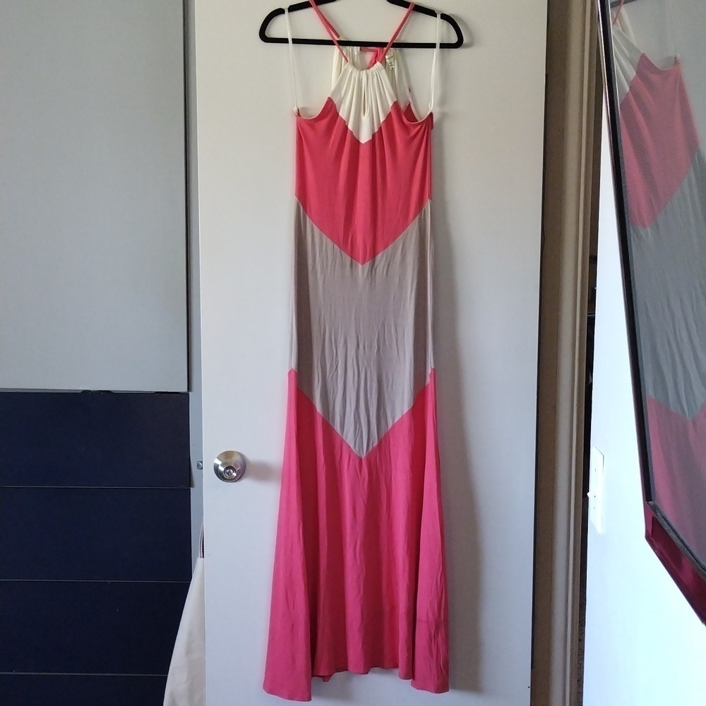 Monteau Maxi Dress. peach, Gray, White.